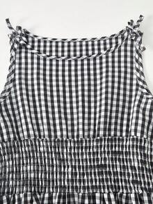 SHEIN 少女格子拼接系带连衣裙，简约优雅 - 黑色 - 查看 7
