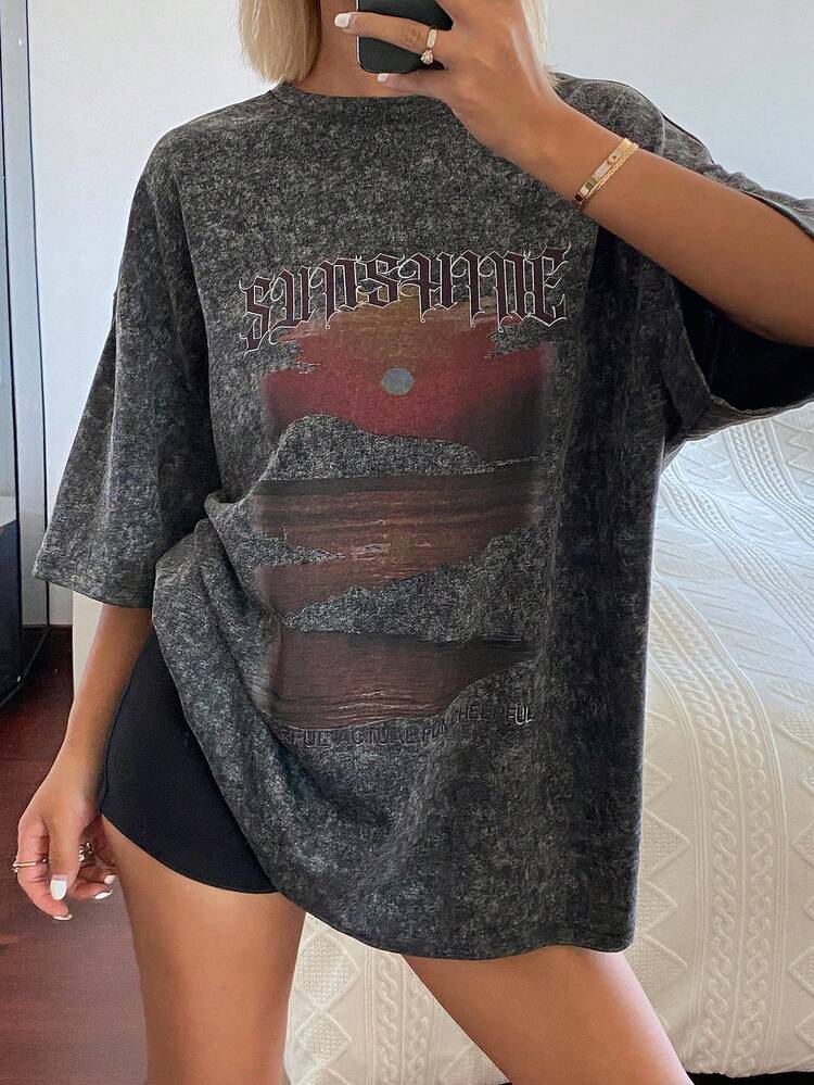 Women's Summer Round Neck Short Sleeve Loose Distressed Fabric Printed Pullover Casual T-Shirt