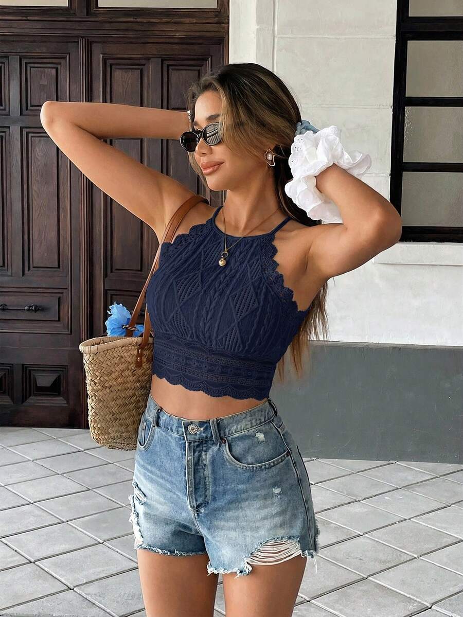 Serisse Top halter ajustado y corto con textura de tela y ribete de concha para mujer, ideal para el verano, la playa y las vacaciones - Azul Marino - Ver 1