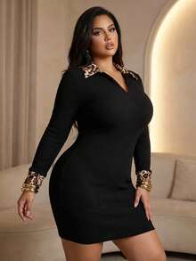 Dazy Plus Stretchy Bodycon Partially Open Front Zipper Splice Leopard Collar Mini Wrap Dress, Black, Spring/Summer Sundress - Black - View 9