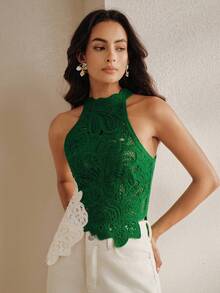 Anewsta Women's Hollow Out Cropped Halter Neck Color Block Asymmetrical Hem Sleeveless Top, Suitable For Summer Vacation - Green - View 5