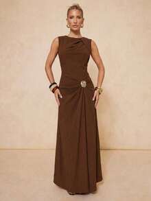 Lumalex Coffee Brown Summer Elegant Dining Dress For Women,100% Cotton Comfortable Ruched Asymmetrical Metallic Decor Sleeveless Quiet Luxury Party Dress - Coffee Brown - View 14