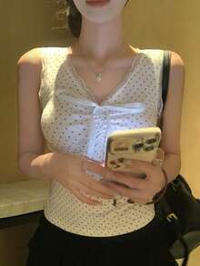 FRIFUL 女士波点蕾丝边蝴蝶结装饰修身休闲日常T恤 - 白色 - 查看 4