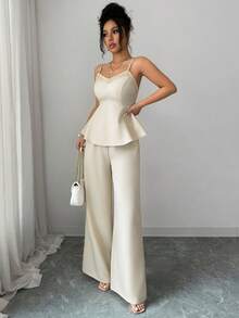 Elenzga Bộ đồ nữ thời trang gồm áo hai dây phối ren và quần ống rộng có túi, trang phục đi nghỉ mát 2 mảnh, bộ đồ hè cho nữ, bộ đồ hè 2 mảnh, phong cách nghỉ hè, bộ đồ đi biển 2 mảnh cho nữ - Màu be - Xem 7