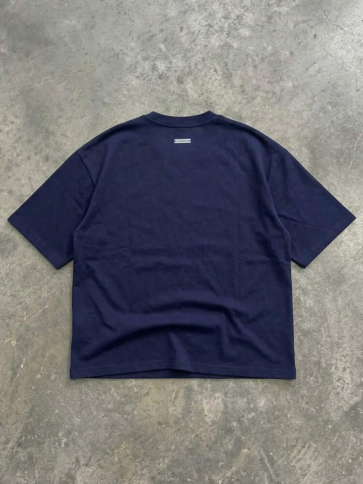 T-shirt a girocollo a maniche corte con logo a caratteri corsivi blu navy, vestibilità regular, casual, streetwear, essenziale per l'estate, Boston Tee