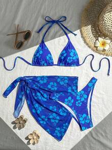 Swim Lushoire Conjunto de bikini con estampado floral, parte superior con nudo delantero, sexy, para mujer, con cubre y minifalda para el verano y la playa - Multicolor - Ver 5