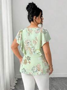 Elenzga Plus Size Women's Mint Green Summer Elegant Tea Party Embroidered 3D Print Ruffle Sleeve Blouse & Pleated Mini Skirt 2-Piece Set,Work,Wedding,Prom - Green - View 2
