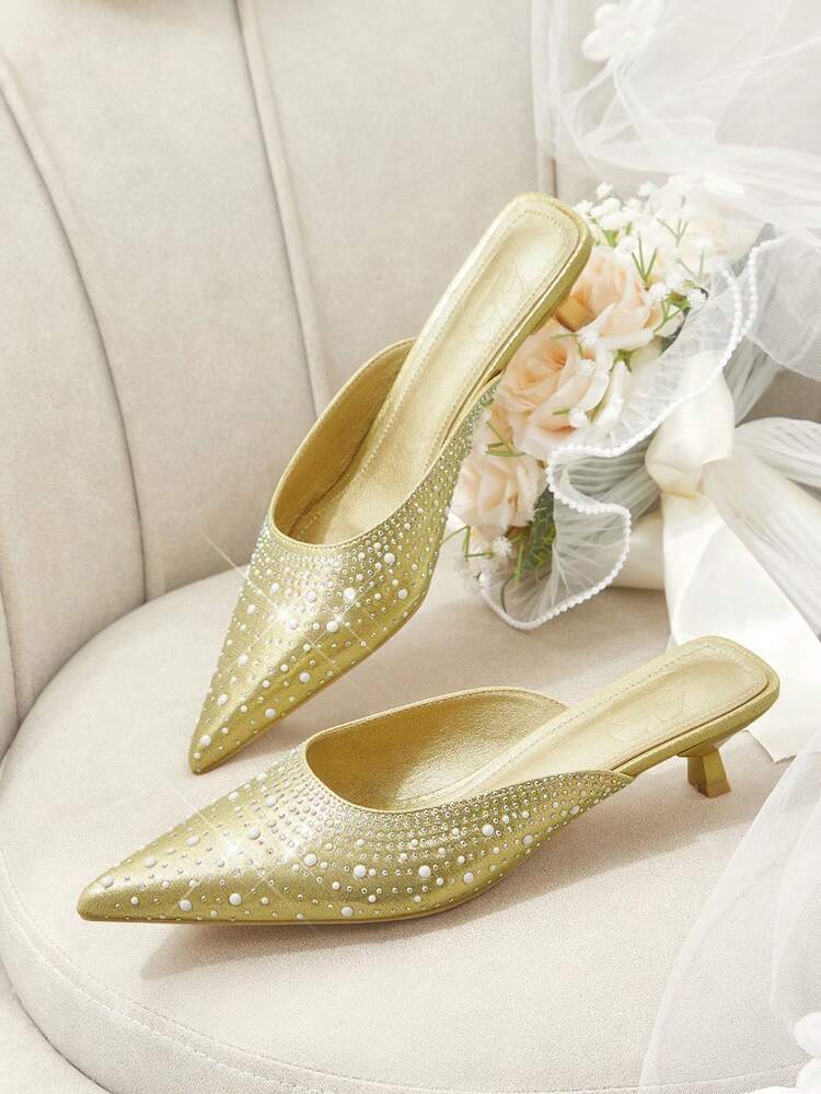 CUCCOO HITCHD Women's Shoes Spring And Summer New Pointed Gold Rhinestone Pearl Decoration Temperament Elegant Wear Dinner Date Shoes Kitten Heel High Heel Shoes