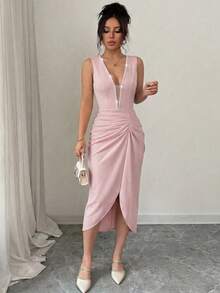 Elenzga Đầm ôm sát không tay cổ chữ V đính cườm thanh lịch lãng mạn dành cho nữ - Bụi hồng - Xem 3
