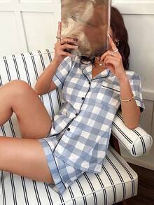 Napfluff Conjunto de pijama con estampado de cuadros en el cuello - Azul - Ver 4