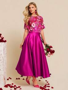 Amorya 女士春夏新款优雅高端刺绣上衣和A字裙两件套 - 玫紅色 - 查看 4