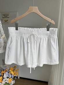 SHEIN EZwear 大码休闲抽绳腰短裤 棉质短裤 女式短裤 夏季沙滩短裤 白色休闲短裤 亚麻短裤 舒适短裤 夏季舒适短裤 棉质短裤 舒适短裤 女士短裤 - 白色 - 查看 8