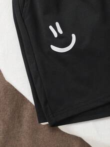 SHEIN Vacaura Jungen Frühling/Sommer Neuer Lächelndes Gesicht Muster Rundhals Kurzarm Blau Set, Lässig & Vielseitig für den Alltag - Schwarz - Übersicht 6