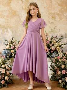 Đầm dài không tay cổ chữ V thanh lịch cho bé gái, chất liệu chiffon, vạt bất đối xứng, màu xanh dương. - Màu tím - Xem 3