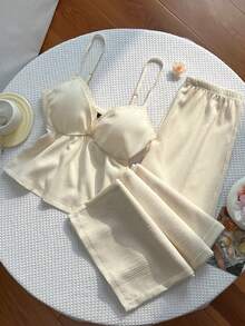 Conjunto de pantalones palazzo casuales con parches de tela texturizada, encaje floral y estilo Y2K - Albaricoque - Ver 4