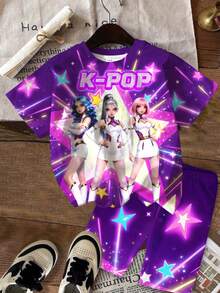 SHEIN 女童休闲圆领卡通字母印花短袖T恤短裤套装，适合度假、聚会、日常穿着和音乐会等场合。 - 彩色 - 查看 2