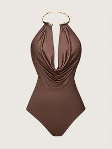 Rafferiza Women's Summer Coffee Brown Metal Collar Bodysuit, Chest Draped Pleats Fitted Jumpsuit,Seductive Chic Outfit For Party Night & Dates - Brown - View 3
