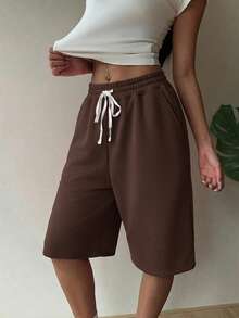 SHEIN EZwear Bermudas sueltas de unicolor con cordón en la cintura para mujer talla grande, de uso casual, deportivo y diario - Café integral - Ver 6