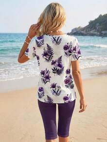 Sylviya Conjunto de 2 piezas de top de manga corta y pantalones de unicolor con estampado floral y de hojas, de estilo minimalista, casual, romántico y elegante, adecuado para el verano - Multicolor - Ver 2