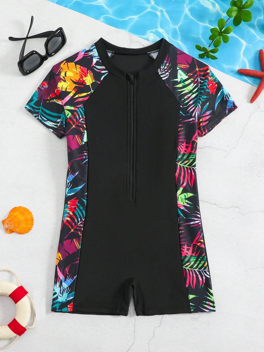 SHEIN Tween Girl Knitted Color Block Zipper Design One-Piece Swimsuit, Suitable For Vacation, Swimming, Summer Beach - Multicolor - View 1