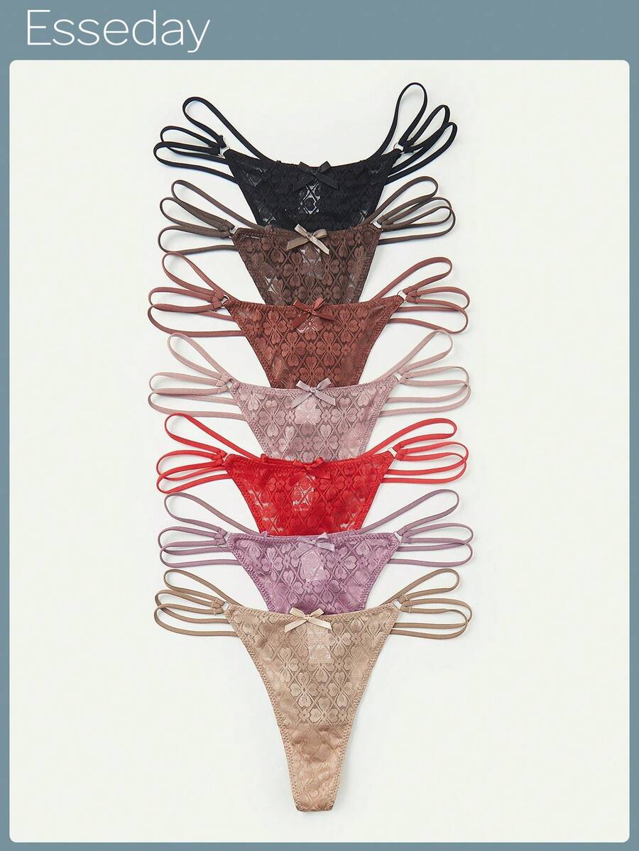 Bộ 7 món/Bộ đồ lót ren gợi cảm thắt nơ G-String lãng mạn - Nhiều màu - Xem 1