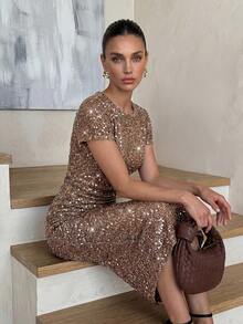 Lavishia Women's Luxury Sequin Dress, Elegant Holiday Dress, Spring/Summer - Khaki - View 3