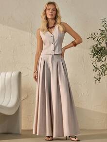 Bóhologie Women Denim Look Vest And Comfort Pants Fake Linen - Beige - View 2