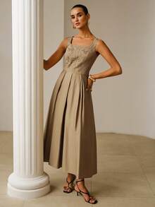 ZEYLAH Elegant Square Collar Embroidered Sleeveless Dress, Summer - Khaki - View 4