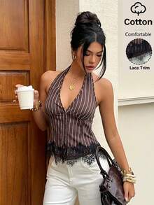女士纯棉条纹立领单排扣背心，蕾丝拼接休闲吊带背心，适合夏季、音乐会、音乐节、派对、商务休闲场合。 - 棕色 - 查看 5