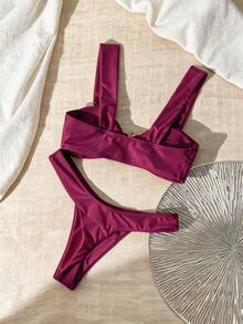 Swim Chiccia Swim Vcay-D 女士纯色粗肩带金属装饰度假泳装套装，女士假日泳装比基尼套装，两件套，塑形泳衣，酒红色比基尼，两件套比基尼套装，海星比基尼，女士比基尼，酒红色比基尼套装，比基尼套装，女士度假泳装，酒红色比基尼套装，女士度假泳装 - 紅色 - 查看 4