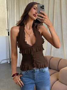Aloruh Ruffled V-Neck Sleeveless Knit Tank Top, Solid Brown Color, Casual Commute Y2K Style,Summer Top - Coffee Brown - View 7