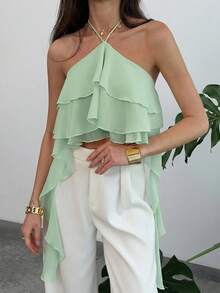 Aloruh 女士度假沙滩荷叶边露背吊带上衣 - 綠色 - 查看 3