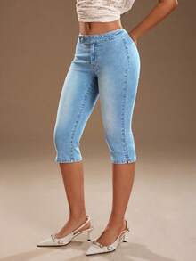 TRNVIE Women's Casual Washed Slim Fit Low Waist Jeans - Blue and White - View 3