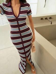SHEIN SXY 大码女士条纹短袖修身优雅连衣裙 - 彩色 - 查看 4
