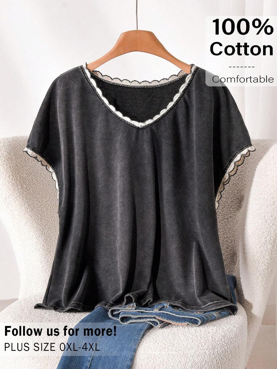 CosyJoli Plus Size Women's T-Shirt, Washed Black Snowflake Casual Top Spring/Summer Outfit Women Casual Dress For Women Cute Casual Tops Casual Tops Women Women Cute Tops - Black - View 1