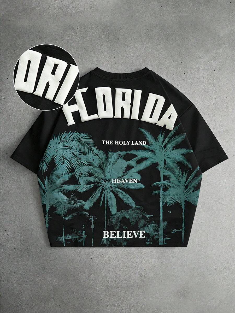 ROMWE MEN 男士休闲度假热带字母印花短袖T恤，夏季 - 彩色 - 查看 1