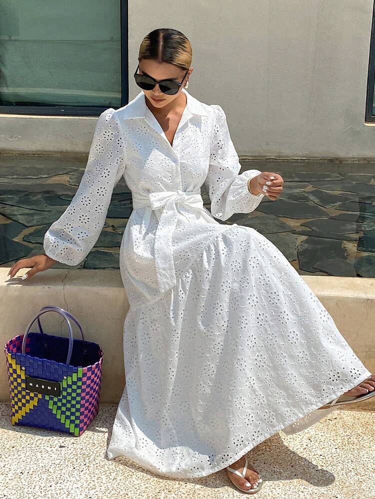 Loose Casual Vacation Style Lace White Dress For Women, Spring & Summer