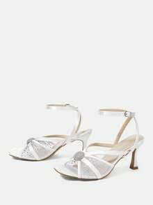 CUCCOO HITCHD Women's Fashion Square Toe Satin Mesh Splicing Rhinestones Sexy Evening Party Party Style Simple Backspace Stiletto High Heel Sandals Summer Shoes - White - View 3