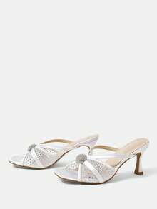 CUCCOO HITCHD Women's Fashion Square Toe Satin Mesh Splicing Rhinestones Sexy Evening Party Party Style Simple Backspace Stiletto High Heel Sandals Summer Shoes - White - View 3