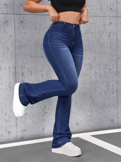 SHEIN Tall Women's High Waist Casual Versatile Flare Leg Jeans