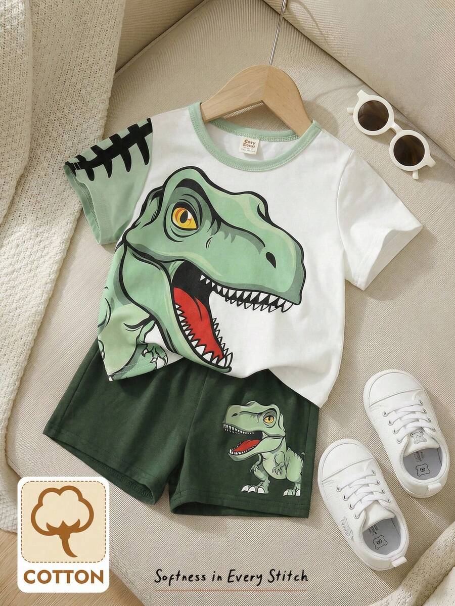 Cozy Pixies 2pcs Baby Boy Cartoon Animal Print Soft Knit Crew Neck Short Sleeve Top And Elastic Waist Pants Set,Kids - Green - View 1
