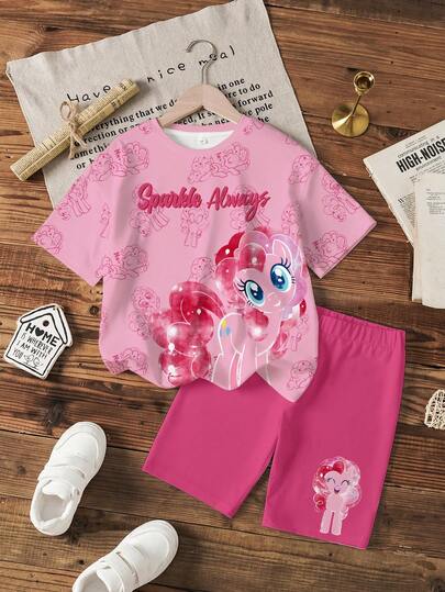My Little Pony X SHEIN Tween Girls' Casual Cute Horse Print Round Neck Short Sleeve T-Shirt And Shorts Set, Summer