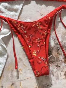 Costavie 两件套彩色亮片特殊面料三角杯文胸和侧系带泳裤性感比基尼套装，春夏款 - 紅色 - 查看 4