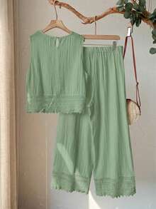 Rusticease Plus Size Women's Sage Green Summer Boho Vacation Holiday Lace Patchwork Sleeveless Top And Wide Leg Pants 2-Piece Set, Comfort Outfits - Green - View 2