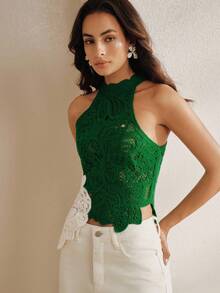 Anewsta Women's Hollow Out Cropped Halter Neck Color Block Asymmetrical Hem Sleeveless Top, Suitable For Summer Vacation - Green - View 4
