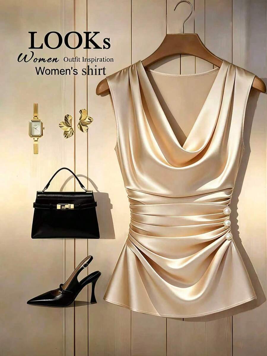 GlowEve Blusa elegante y de lujo de nueva llegada para mujer, con diseño de cuello fruncido, acabado brillante y versátil, adecuada para el uso diario y eventos de vacaciones - Champán - Ver 1