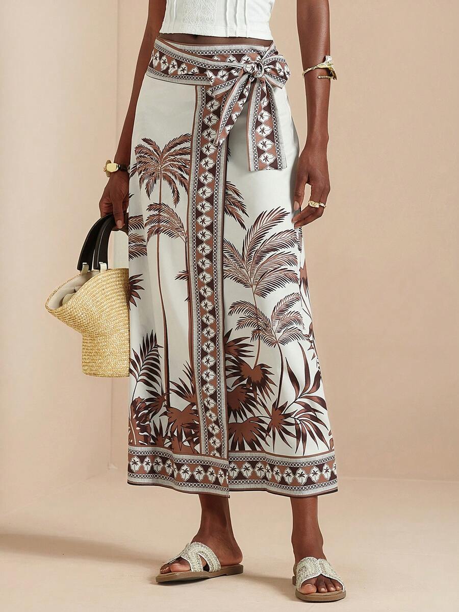 Vesra Falda con lazo en la cintura con estampado de árbol de coco y albaricoque para mujer, ideal para vacaciones - Albaricoque - Ver 1