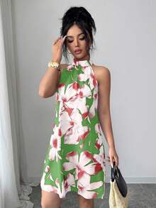 SHEIN Elenzya 新款春夏大碎花无袖连衣裙，优雅休闲度假沙滩装，女士 - 綠色 - 查看 5