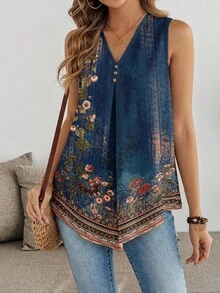 EMERY ROSE Plus Size V-Neck Sleeveless Shirt, Suitable For Summer - Blue - View 8