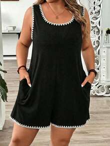 EMERY ROSE Plus Size Women's Summer Vacation Style Contrast Color Shell Flower Crafted Round Neck Casual Jumpsuit With Pockets, Suitable For Travel, Vacation, Summer And Daily Wear - Black - View 3